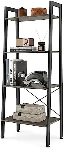 

Ladder 4-Tier Industrial Bookshelf Rack Shelves for Home and Office Use, Wooden Display Rack with Metal Frame (Gray) Racks