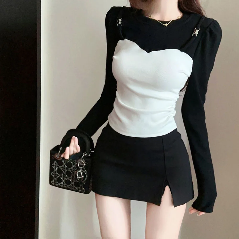 Patchwork Fake 2pcs Long Sleeve T-Shirts Women Design Unique Slim Fit Streetwear Tops Korean Fashion Casual Autumn Chic Tee Lady