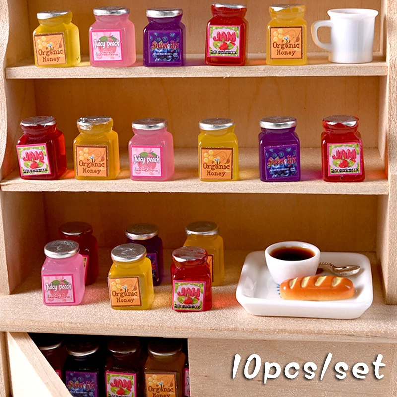 10Pcs 1/12 Dollhouse Simulation Jam Bottle Model Dollhouse Miniature Kitchen Decoration Dolls House Accessories Pretend Play Toy