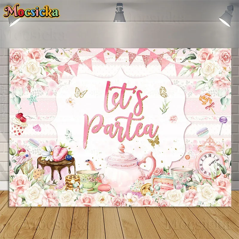 

Tea Party Backdrops Pink Rose Floral Gold Butterfly Teapot Let's Partea Background Princess Wonderland Floral Birthday Photocall