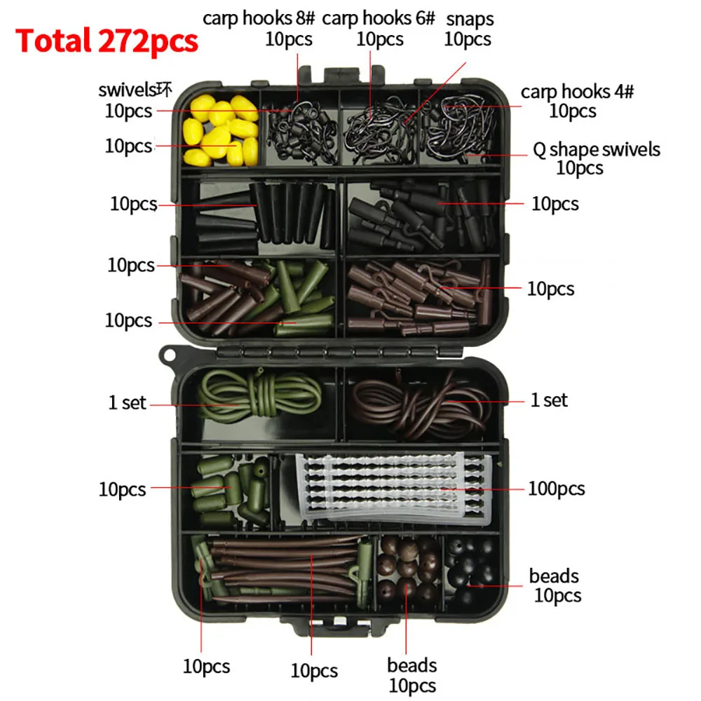 272Pcs Carp Fishing Terminal Tackle Kit Beads Snap Swivel Anti Tangle Sleeves Connector Tip Tube Positioner Carp Hooks With Box