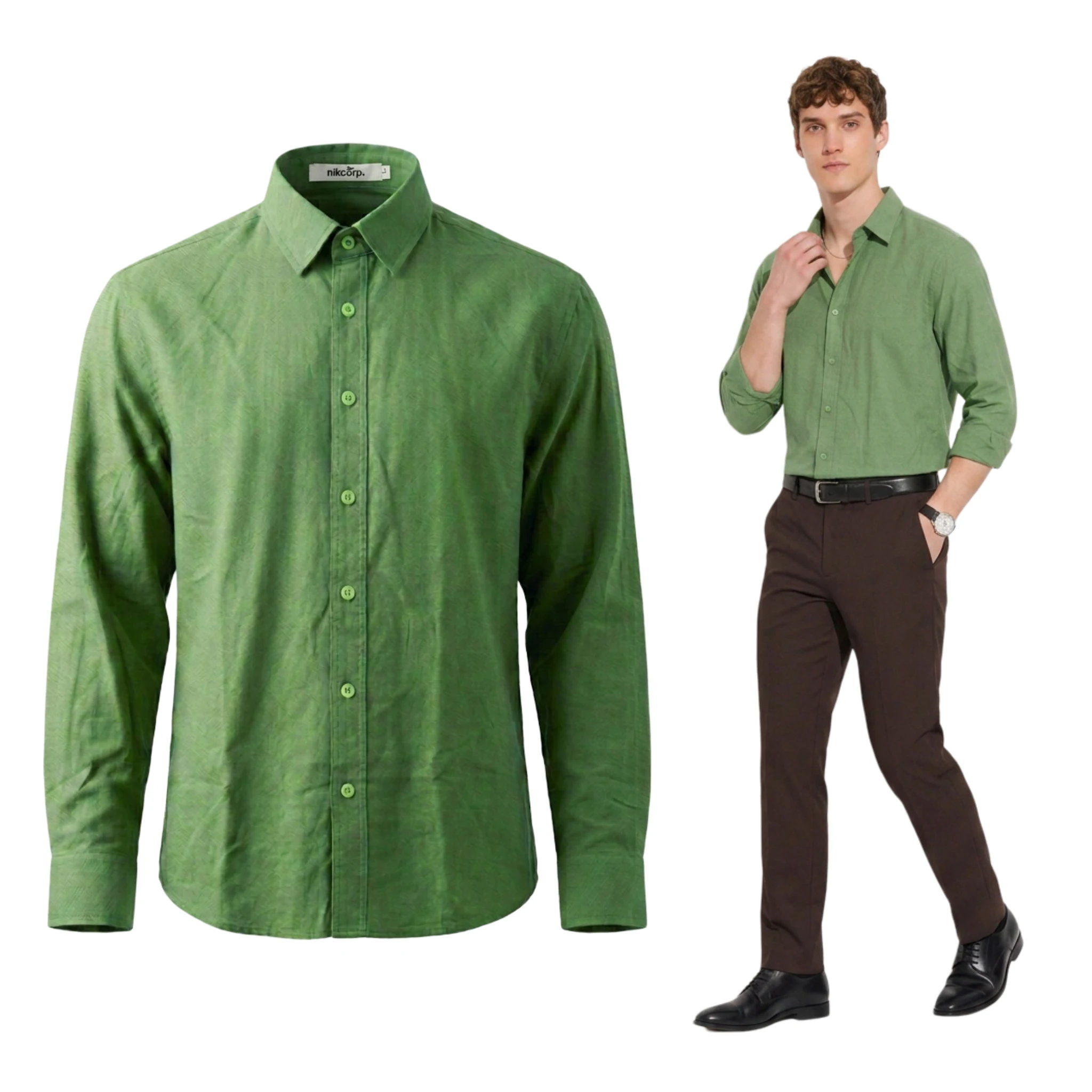 Chemise d'été décontractée en coton pour hommes, manches longues, élégante, verte, taille XL - chemise classique pour hommes, vêtements en coton pour hommes, chemise formelle pour hommes, chemise verte pour hommes, chemise aérée pour hommes, chemise de travail