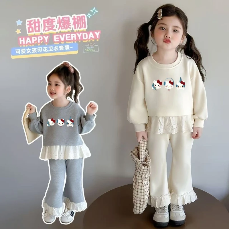 فتاة الملابس مجموعات الخريف طفل مرحبا كيتي بلوزات البلوز الدانتيل تقليم بلوزات وسراويل 2 قطعة دعوى الأطفال الحلو رياضية وتتسابق #4