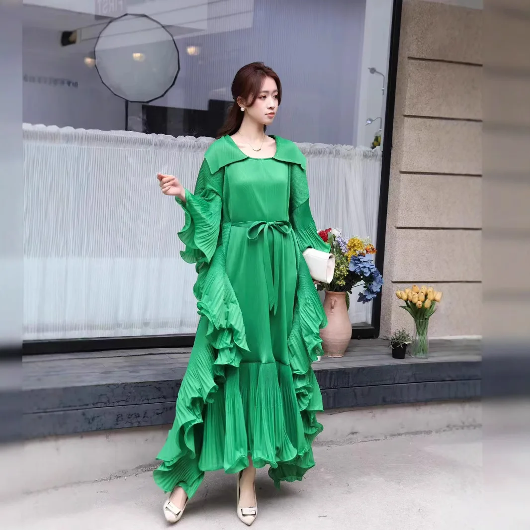 Miyake Plisowane Francuskie Eleganckie Sukienki Plus Size Damskie Plisowane Sukienki w Jednolitym Kolorze Wyszczuplające Sukienki Plus Size Elastyczne Sukienki na Bal 2025 Nowość