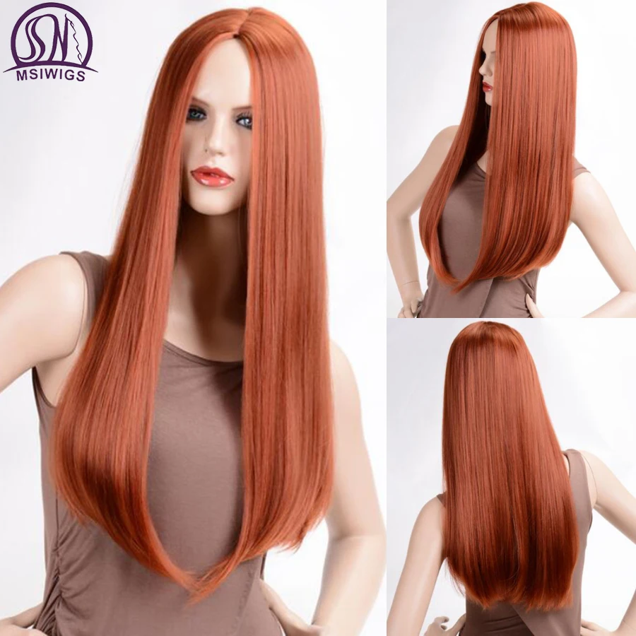 MSIWIGS Long Straight Wigs Synthetic Orange Color Women's Wig Cospaly Central Part Hair Silver Grey White Red Colour