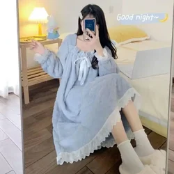 Fleece Women Nightgown Korean Winter Sleepwear Bow Night Dress Lace One Piece Pajamas Solid Warm Knee Length Warm Home Wear New