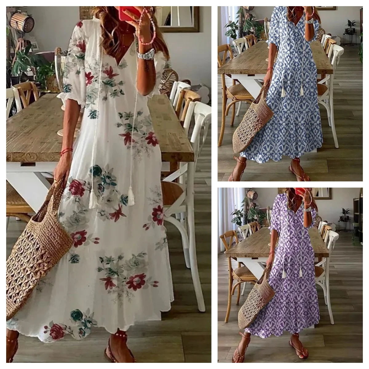New Women's Spring Summer Dress Sexy V-neck Drawstring Printed Long-sleeved Dress Casual Loose Fashion Elegant Fresh Sweet Dress