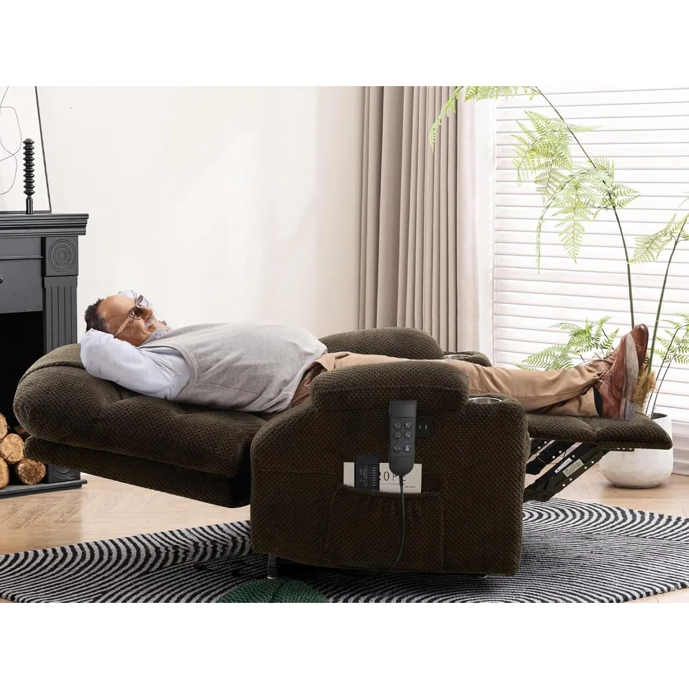 Dual Motor Lay Flat Power Lift Recliner with Massage, Heating, Lumbar Pillow, USB & Type-C Ports, Textile Fabric, Oversized