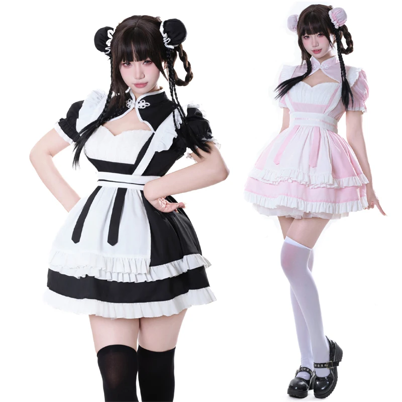 

Erotic Chinese Cheongsam Maid Cosplay Japanese Anime Lolita Girl Waitress Sweet Hollow Halloween Gothic QiPao Dress Short Sleeve