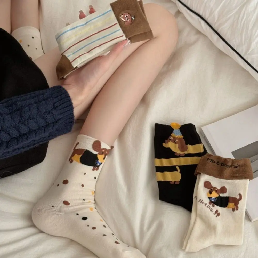 2Pairs Fashion Cute Cotton Socks Polka Point Dachshund Striped Socks Patchwork Mid-calf Stockings Cartoon Socks Students