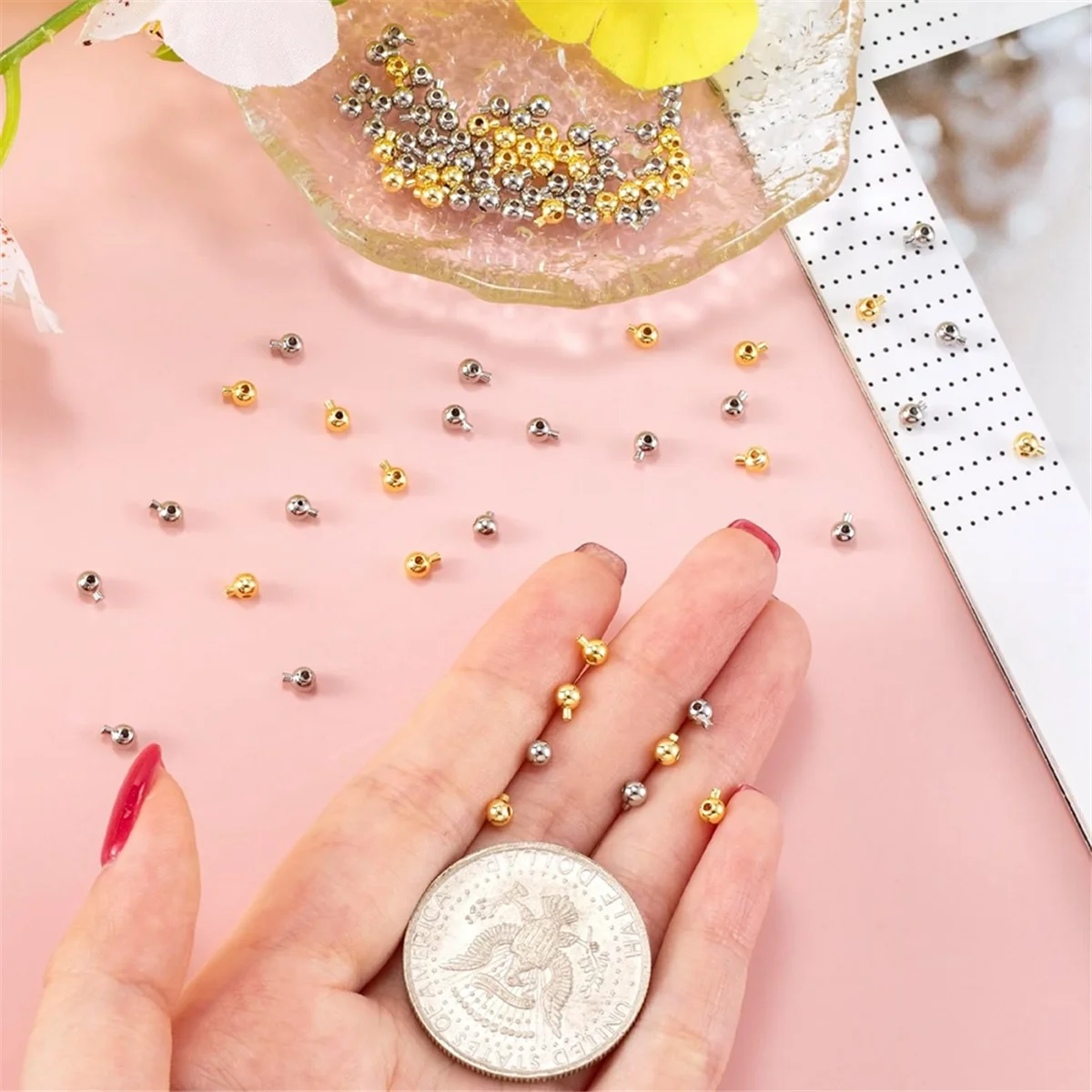 HOT 80pcs Crimp Beads for Jewelry Making, Gold Silver Spacer Beads Metal Bead Stopper Crimp Charms for Bracelet Necklace