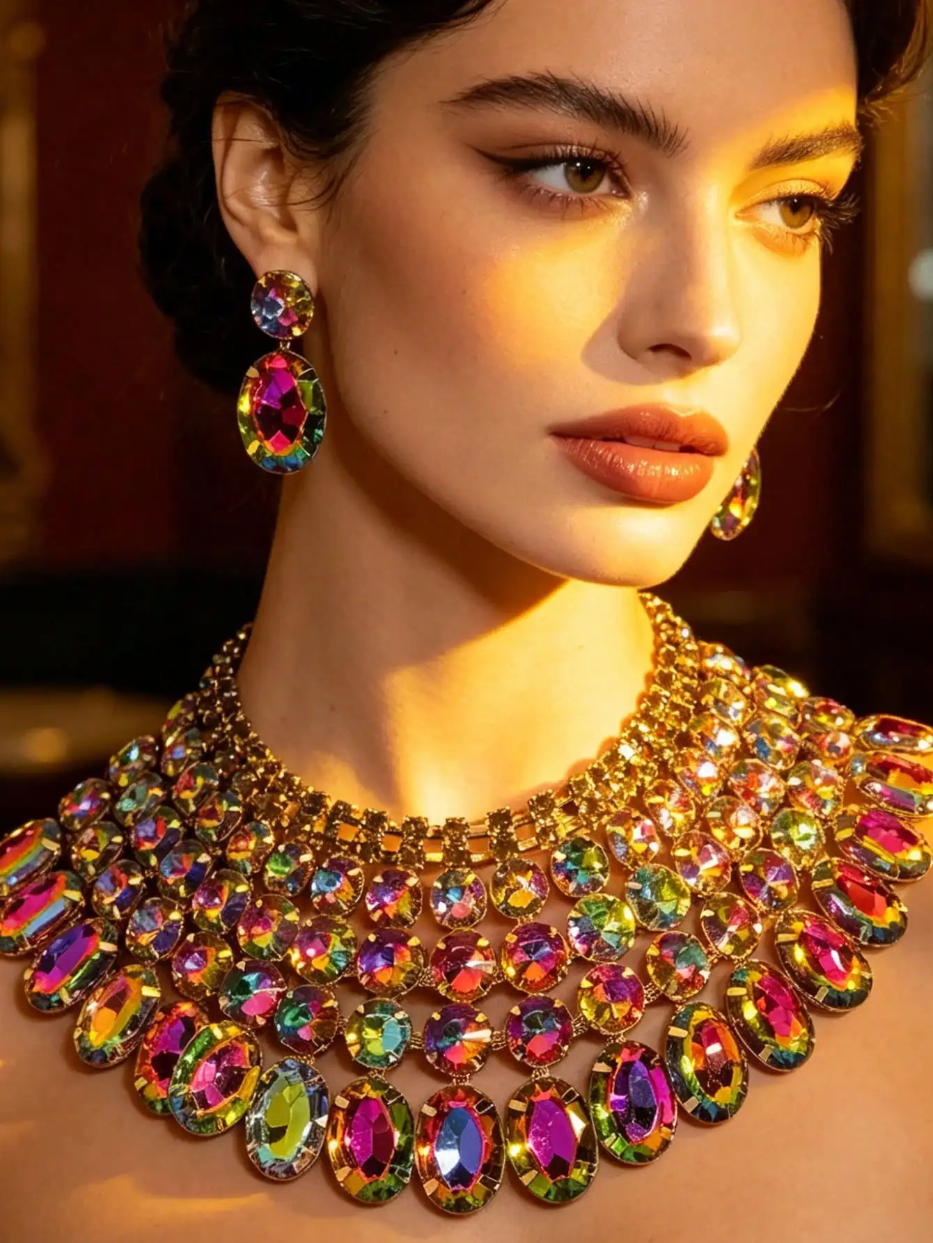 Luxuriöses, übergroßes Statement-Schmuckset für Damen, übertriebene Regenbogen-Halskette und Ohrringe im Set für Party, Abschlussball, Hochzeit – Detail 1