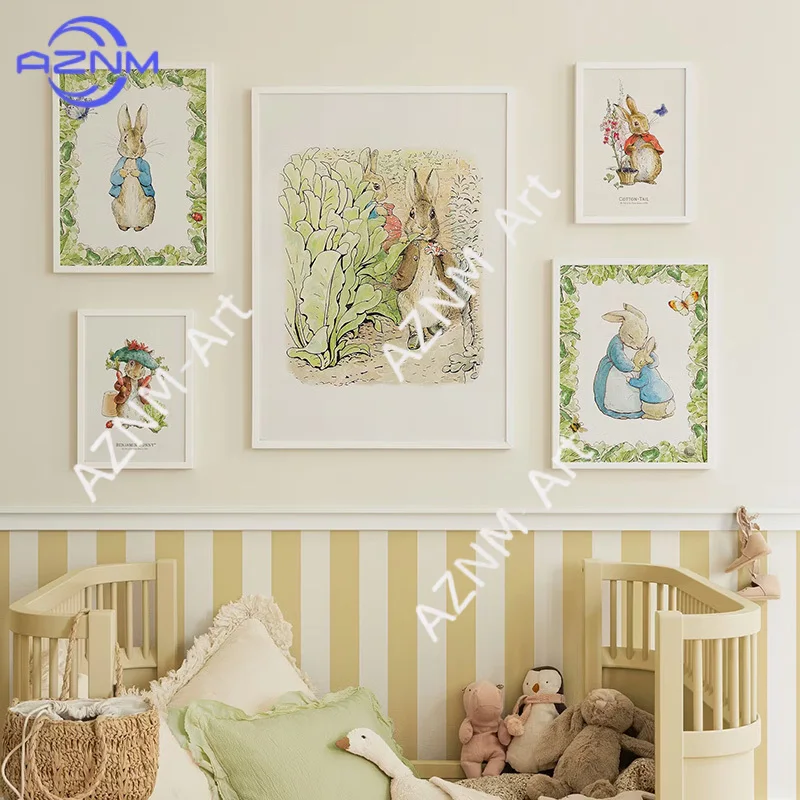 Vintage Boho Bunny Rabbit Inspired Art Poster Baby Room Bedroom Nursery Field Animal Decorative Canvas Painting Home Decor