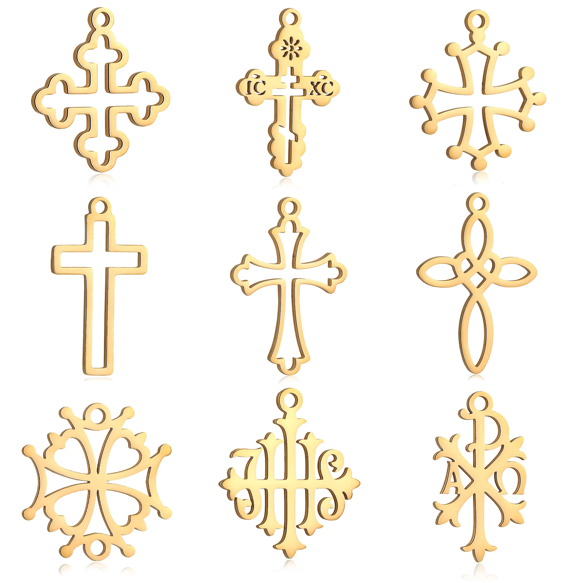 5 uds. De dijes de Cruz temática de acero inoxidable, exquisitos colgantes de crucifijo de religión hueca, pulsera DIY, pendiente, collar, fabricación de joyas