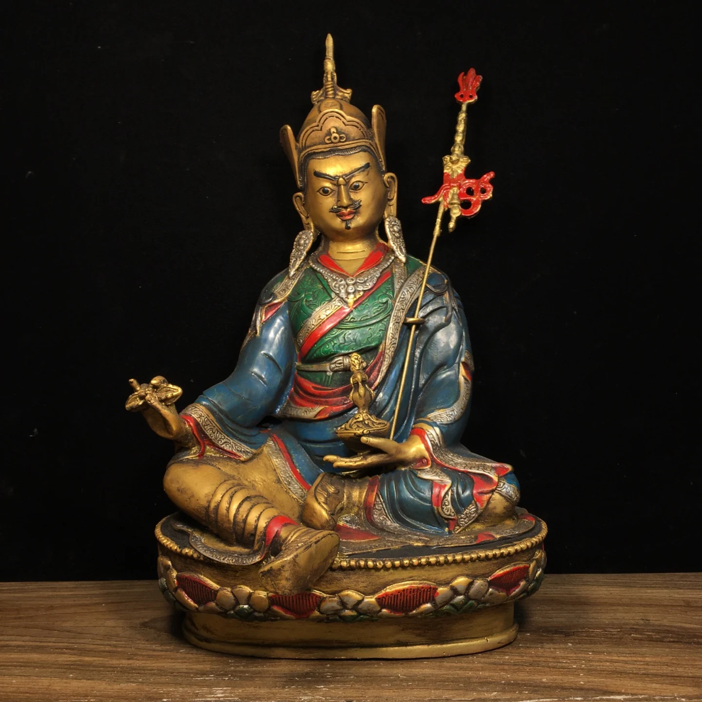 

12"Collection Old Bronze Painted Padmasambhava Sitting Buddha Amitabha Lotus Buddha Terrace Worship Hall Town house