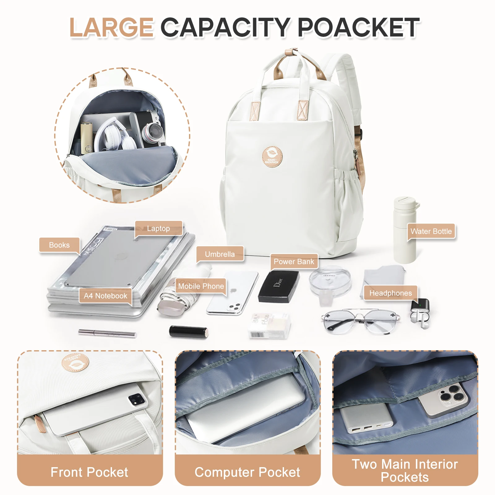 Schoolbag, large-capacity backpack, campus commuter backpack for junior high school girls, handheld backpack, multi-color .