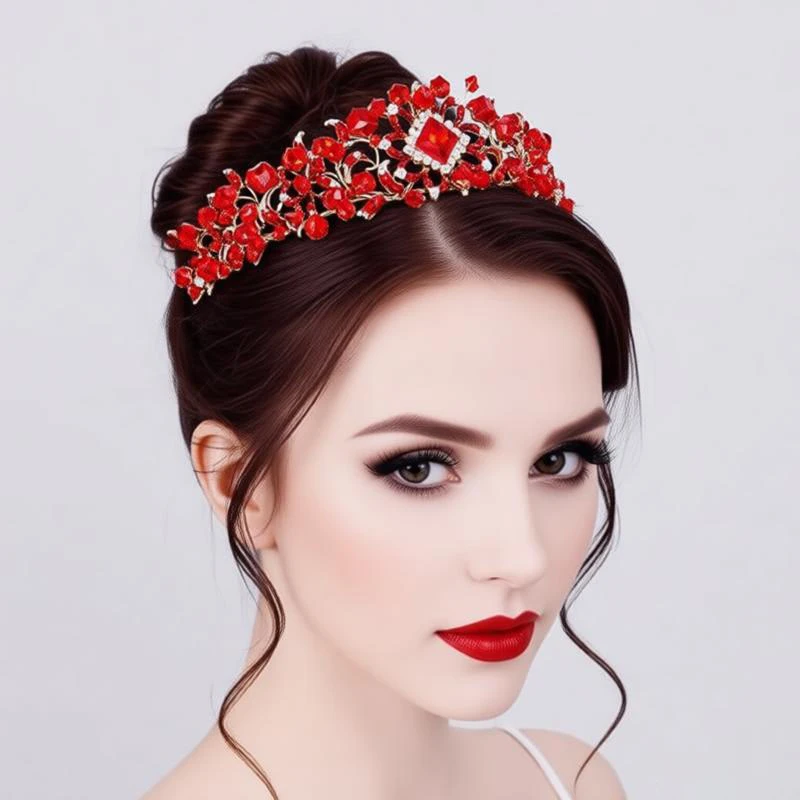 Handmade Red Beaded Wedding Party Birthday Hair Crown Elegance Square Rhinestones Hairband Headpiece Accessories