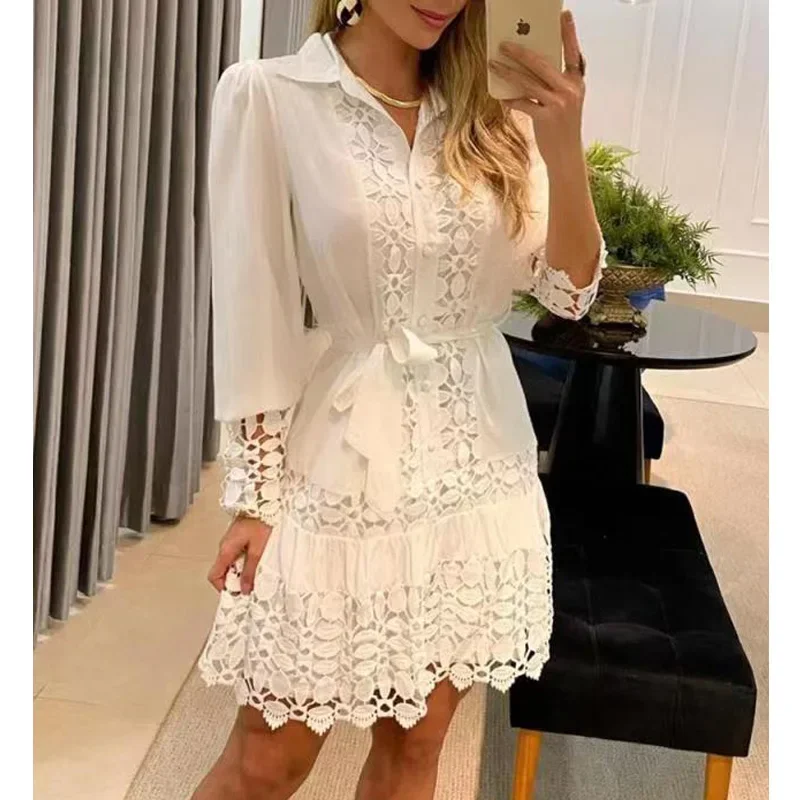 Spring Summer Shirt Dresses Women Two Piece With Lining Elegant Lace Patchwork Slim Dress Ladies Buttons Ruffles Party Dress