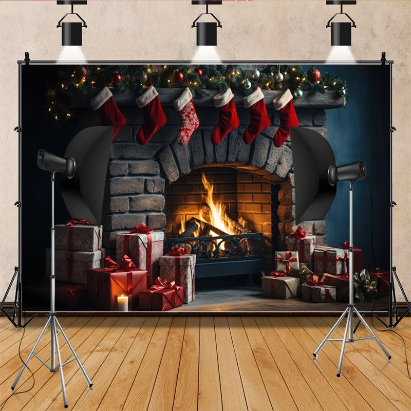 Weihnachts baum Dekoration Wohnzimmer Fotografie Hintergründe begrüßen Neujahr Urlaub Kamin Indoor Party Hintergrund js-03