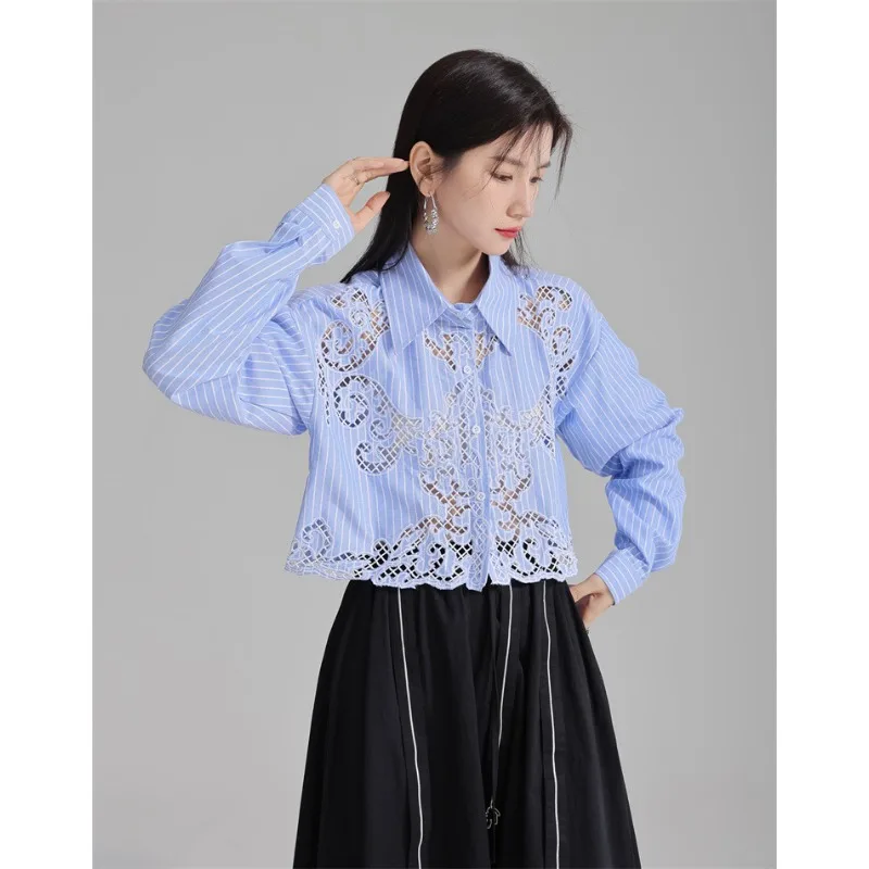 WAKUTA Spring/Summer Design Feeling Hollow Hook Flower Flip Collar Long Sleeved Shirt Minority Cardigan Short and Unique Top