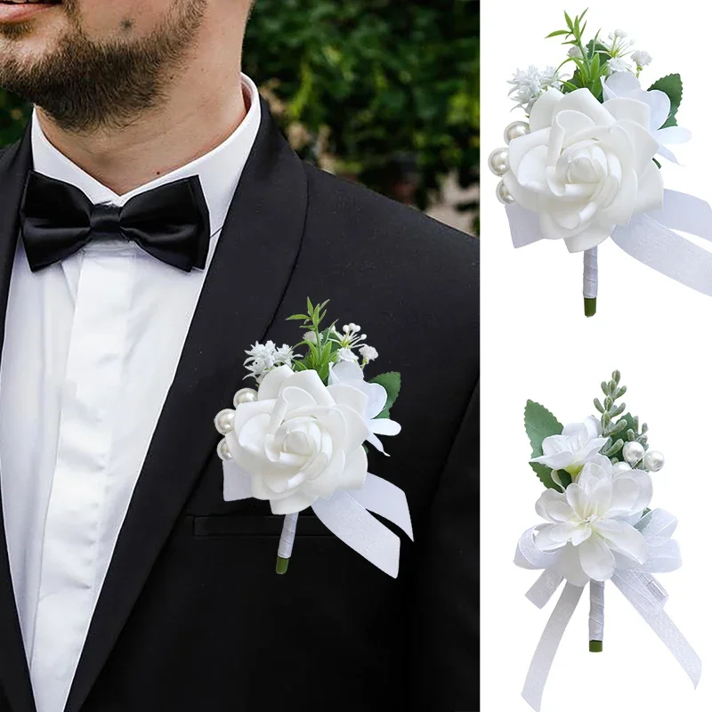 1PC Wedding Bride Groom Chest Flower Artificial Rose Pearl Lapel Flower Wedding Festival Banquet Decoration Flower