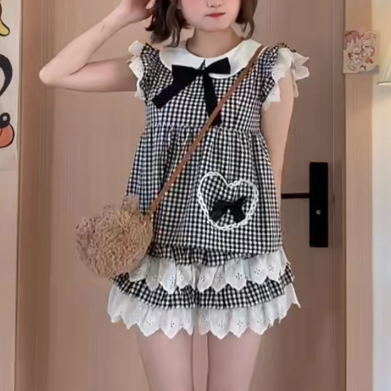 

Sweet Cute Lolita Style Princess Skirt Sets Japan Women Bow Peter Pan Collar Plaid Tops Kawaii Lace Cake Skirt Y2k Two Piece Set