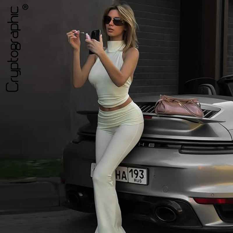 

Cryptographic Casual Fashion Sleeveless Top and Flare Pant 2 Piece Sets Outfits for Women Matching Sets Pant Suits Fall Clothes