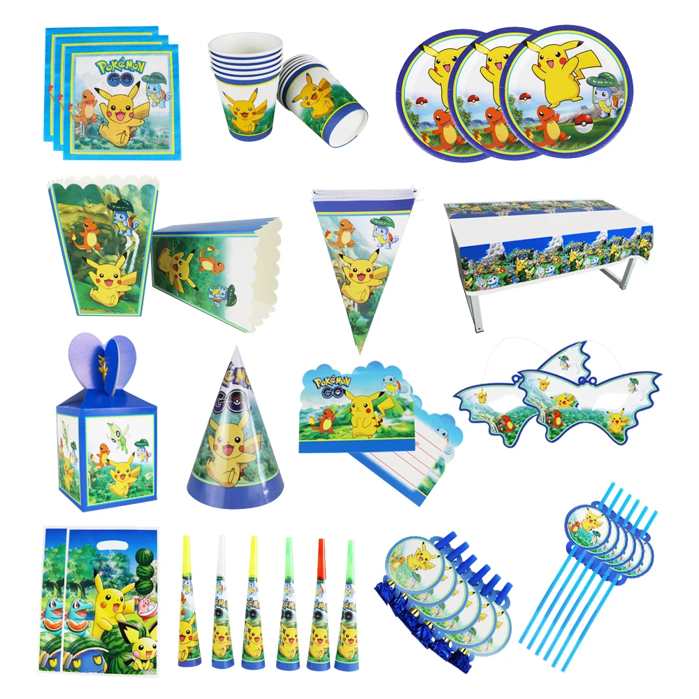 New Pokemon Pikachu Cartoon Birthday Party Supplies Balloon Set Baby Shower Girl Boy Disposable Tableware Cake Box