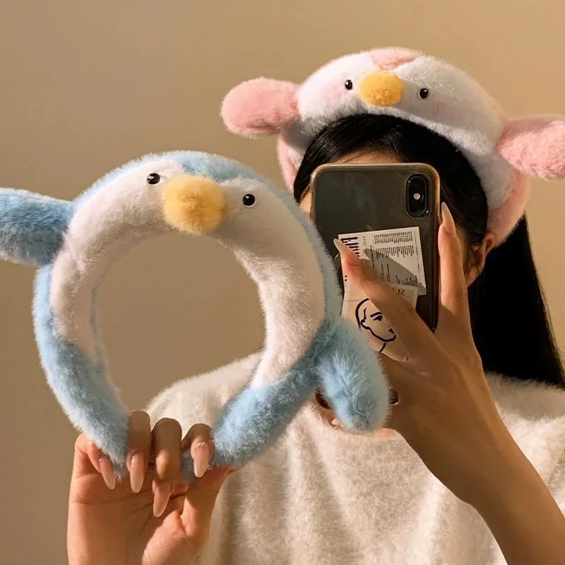 Cute Penguin Plush Headband for Women Washing Face Makeup Face Mask Pink Hair Hoop 2026 Fall Winter Hair Accessory