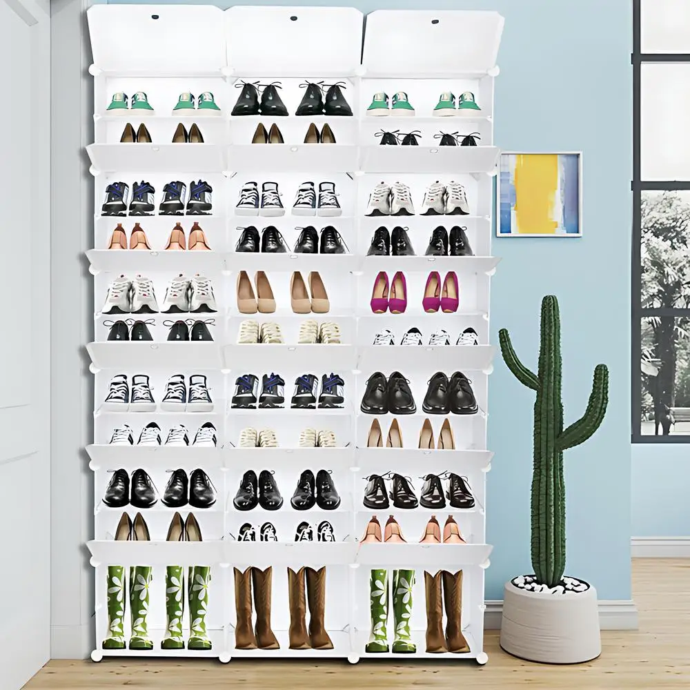 

12-Tier 36 Grids DIY Portable Shoe Rack Stackable Magic Cube Shoe Cabinet Translucent Door Large capacity torage Cabinet, White