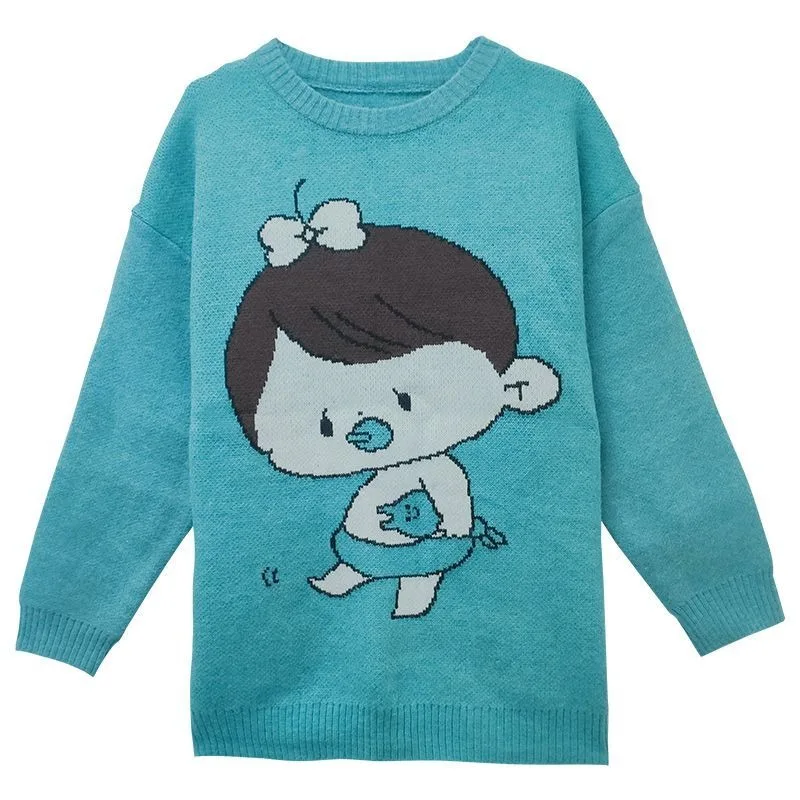 Pull Jacquard de dessin animé drôle de mode coréenne, pull surdimensionné en tricot Y2K, pull bleu, vêtements d'hiver de dessin animé mignon Y-Harajuku