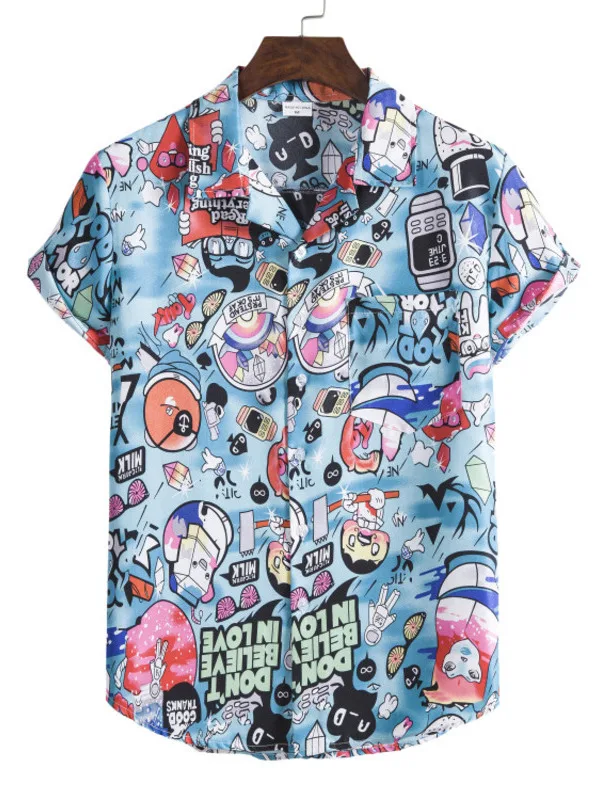 

Faionable Printed ort Sve irt Trendy Polyester Fiber Youthful Summer Casual Wear for Men Non-fading Easy Care