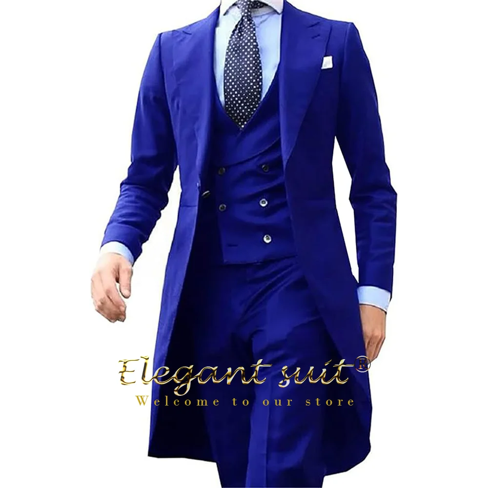 Mens 3 piece suit royal blue long tail coat custom fashion groom tuxedo wedding prom jacket vest with pants