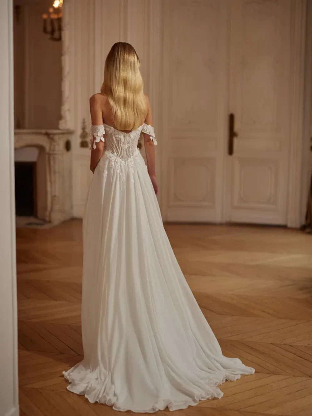 Floral Flowing Chiffon Beaded Wedding Dress Sweet Off the Shoulder Romantic Bride Wear Zipper Back Simple Bridal Gown