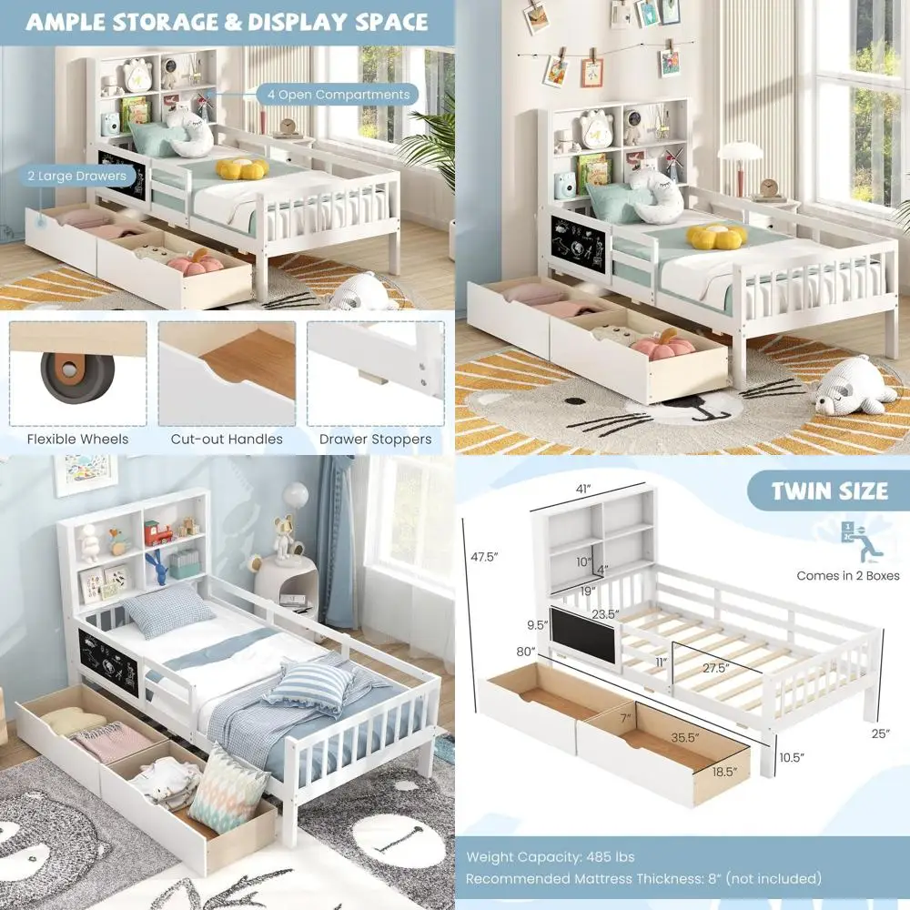 

Двуспальная кровать из массива дерева с ящиками для хранения, книжным шкафом, доской для рисования и полноразмерными защитными бортиками для детей, белая