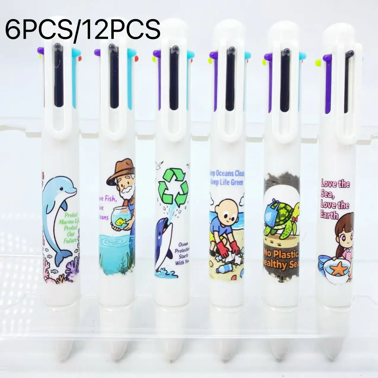 

6PCS/12PCS Eco-Friendly Ocean Conservation Multi-Color Pen Sets White Student Writing Pens Six-In-One Ballpoint Marker Pens