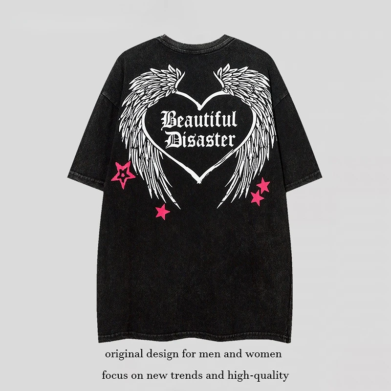 Kobiety t-shirty mężczyźni Retro Wash Y2K Punk Hip-Hop Angel Wings Tees moda para ponadgabarytowych boisko sportowe góra rekreacyjna ubrania