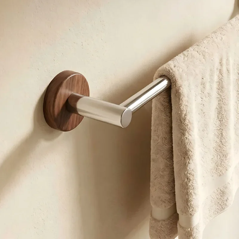 yesNo Drill Wooden Base 304 Stainless Steel Wall Mounted Single Towel Bar Anti‑Rust Space Saving Bathroom Towel Holder