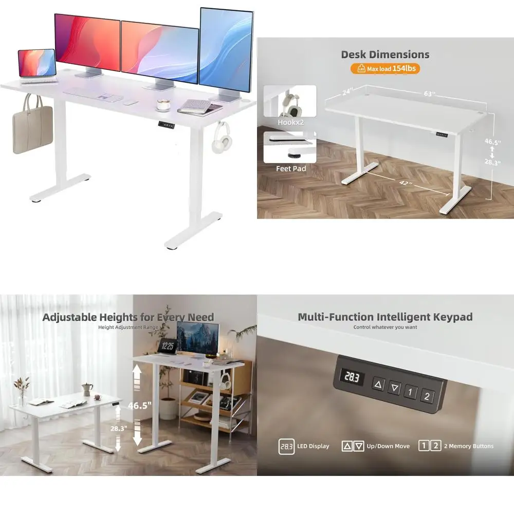 

Adjustable Height Electric Standing Desk, 63x24 for Home Office, Studio, Computer Workstation, White