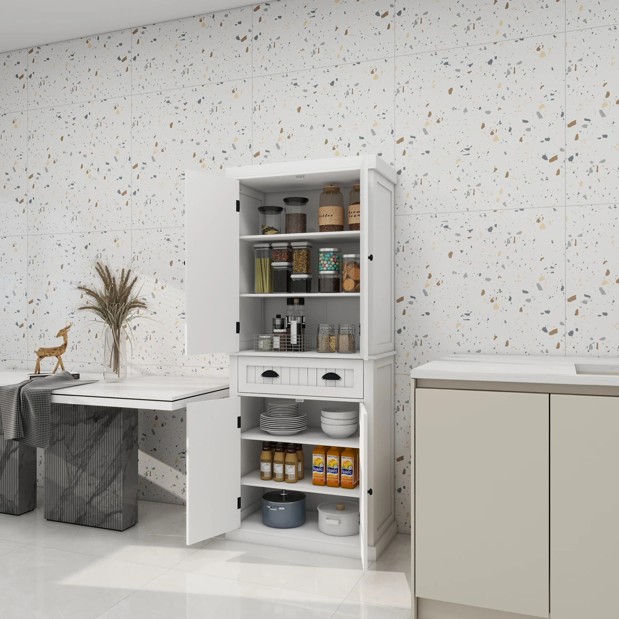 Vrijstaande keukenkast met 4-deuren en lade, keukenkastorganizer