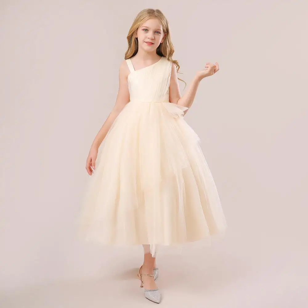 Flower Girl Dresses Slanted Shoulder Tulle Fluffy First Communion Birthday Wedding Prom Party Customized Formal Wear Events