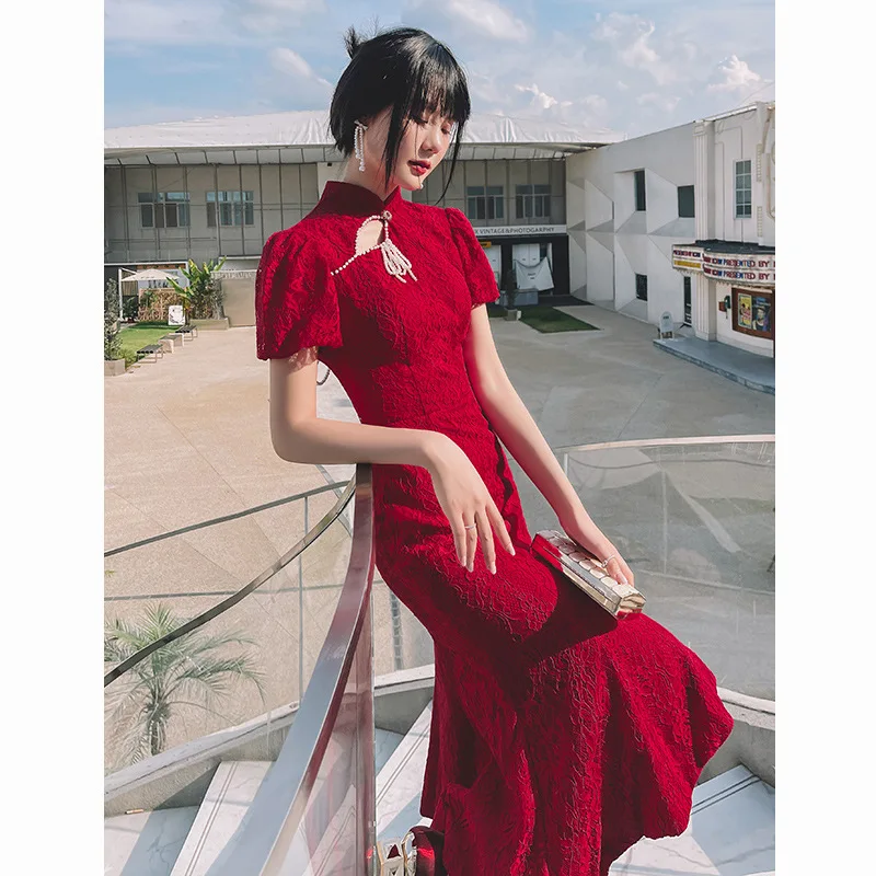 

Burgundy Sexy Backles Mandarin Collar Mermaid Chiffon Evening Gowns Oriental Party Banquet Female Stage Dresses Cheongsam