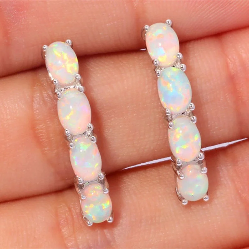 Fashion Extra Long Metal Inlaid Four Opal Earrings Ladies Personality Party Wedding Hook Drop Earrings