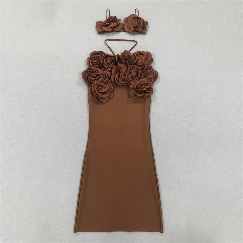 Brown Large 3D Flowes Women's Skirt Suit Spaghetti Strap Deep-V Neck Backless Tops Rear Side Split Lace Up Skirt New Arrival