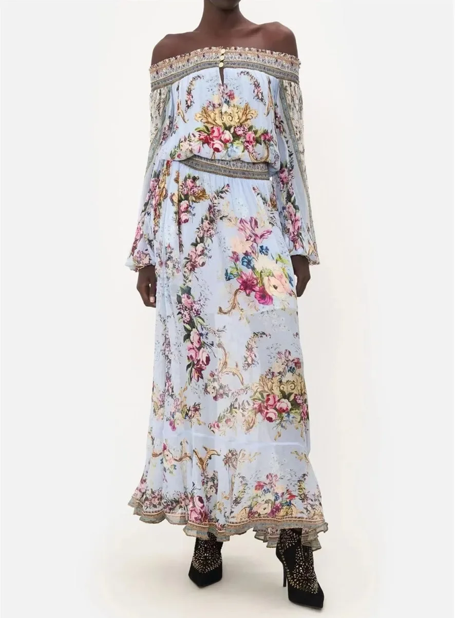 

Robe for Women 2024 New 100% Silk Flower Printed Beaded Slash Neck Elastic Waist Sexy Full Sleeve Long Dress