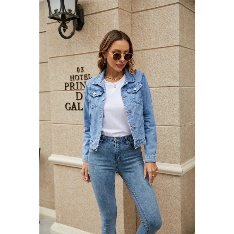 2023 Women Short Denim Jackets Fashion Female Casual Long Sleeve Lapel Solid Button Pocket Slim Jean Jacket Fall Winter Coat