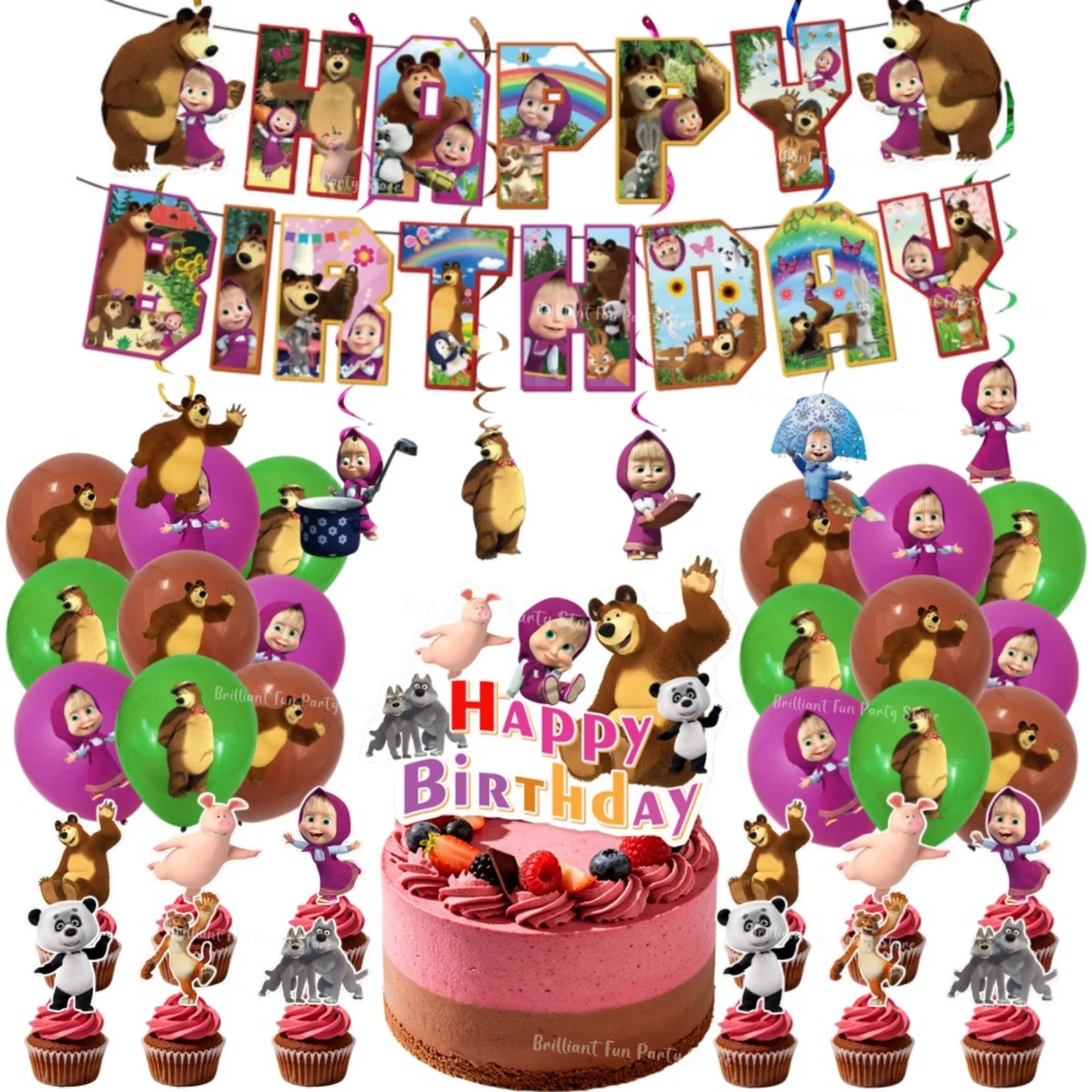 Mascha und der Bär Geburtstagsparty-Dekorationsset für Mädchen Kinder Tischdecke Banner Tortendekoration Ballon Hintergrund Partyzubehör – Detail 4