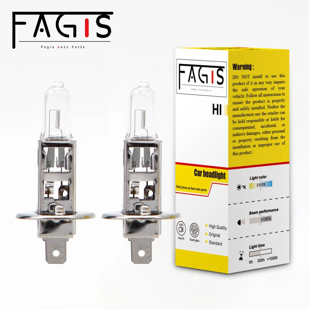 Fagis 2Pcs High Quality H1 12V 55W 3350K Warm White Clear Quartz Glass Car Lights Headlight Auto Halogen Bulbs High Beam Lamps