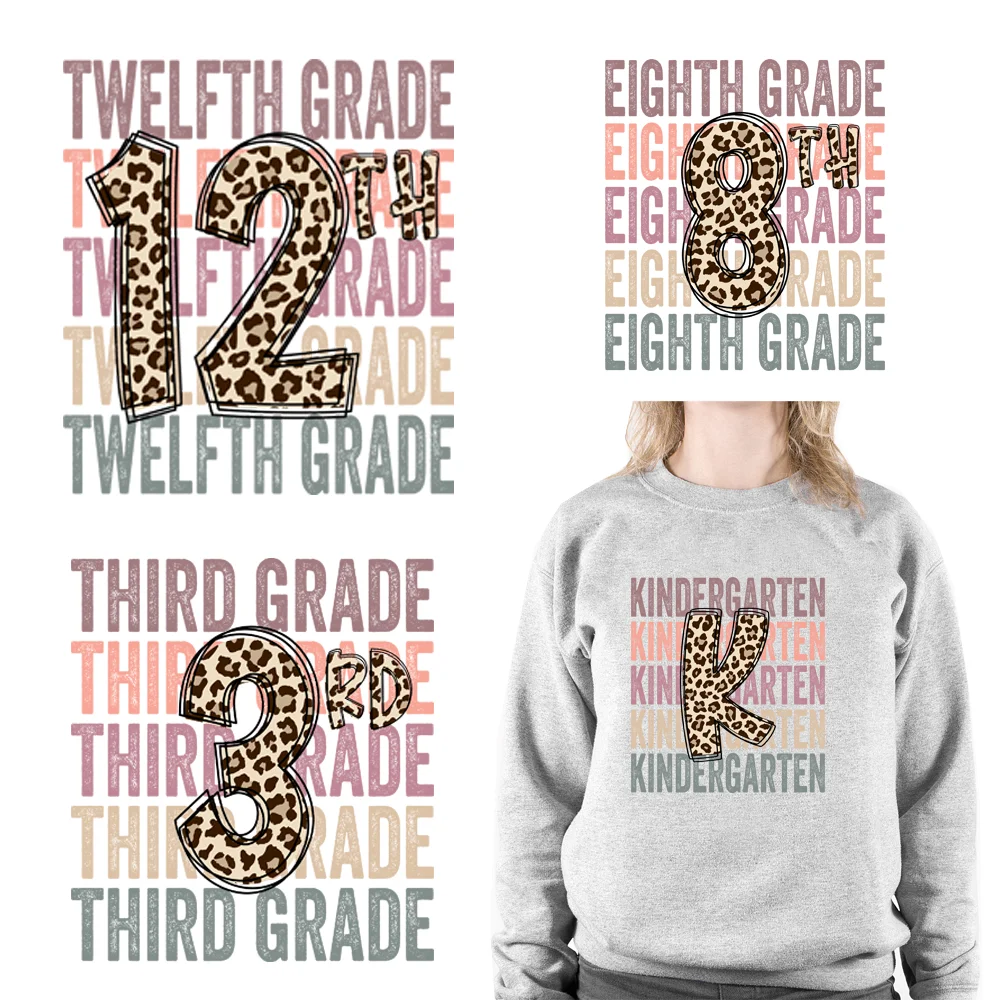 Back to School Grade Daycare Plastisol Iron On Leopard Print DTF Transfers Stickers Ready To Press For Clothing