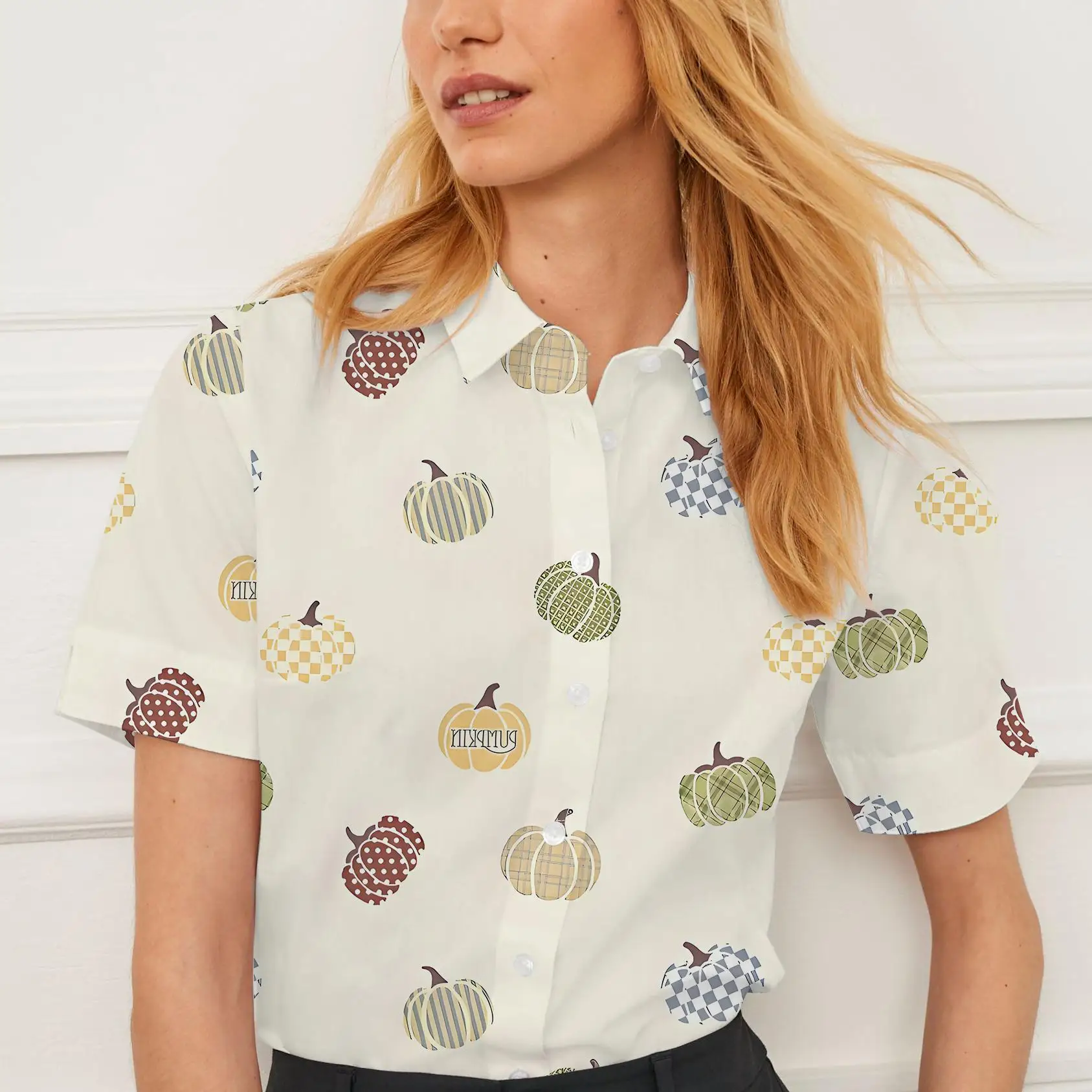 Summer women's shirt casual short sleeve lapel Christmas pumpkin pattern print women's top personality fashion women's clothing